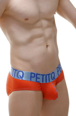 Orange petitq men’s briefs in modal fabric with double pouch design and light blue waistband featuring brand name