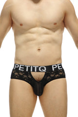 Brief ethel black lace men’s underwear with sheer mesh front and branded waistband in black lace material