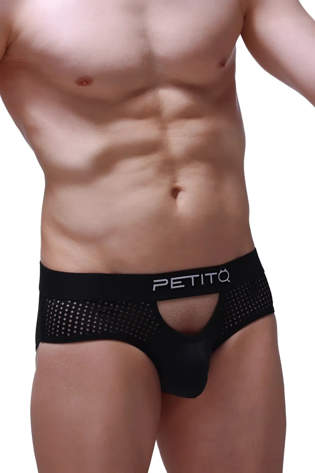 Black mesh briefs ethel durtol with central cutout and petitq logo waistband in black color