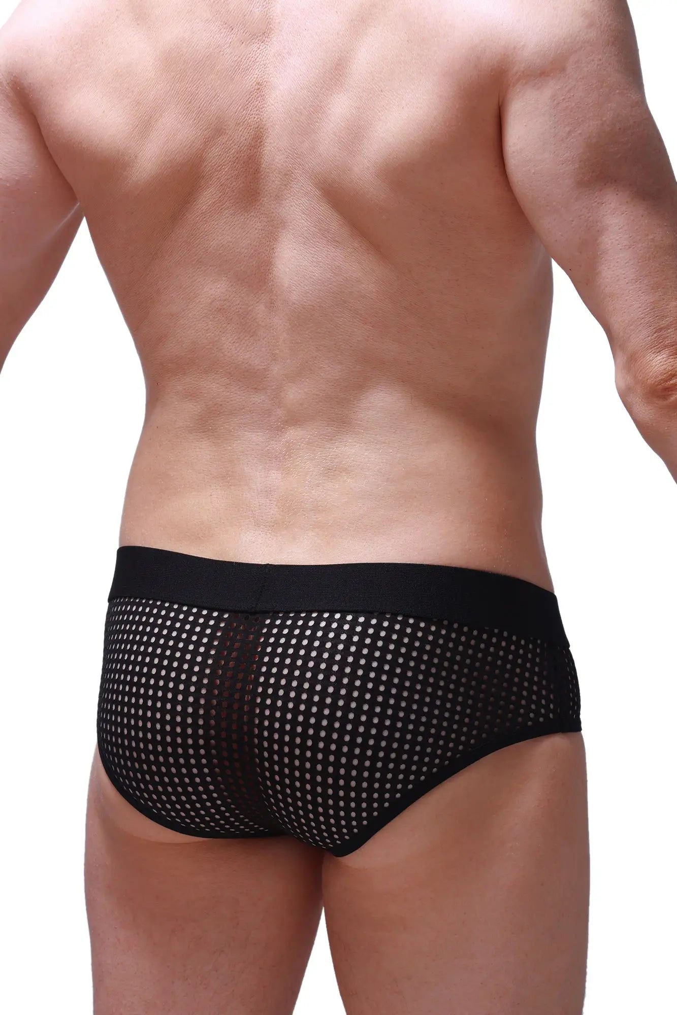 Black mesh briefs with white dot pattern and solid black waistband brief ethel durtol black front view