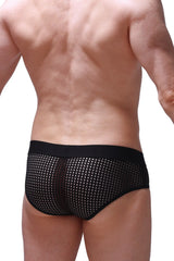 Black mesh briefs with white dot pattern and solid black waistband brief ethel durtol black front view