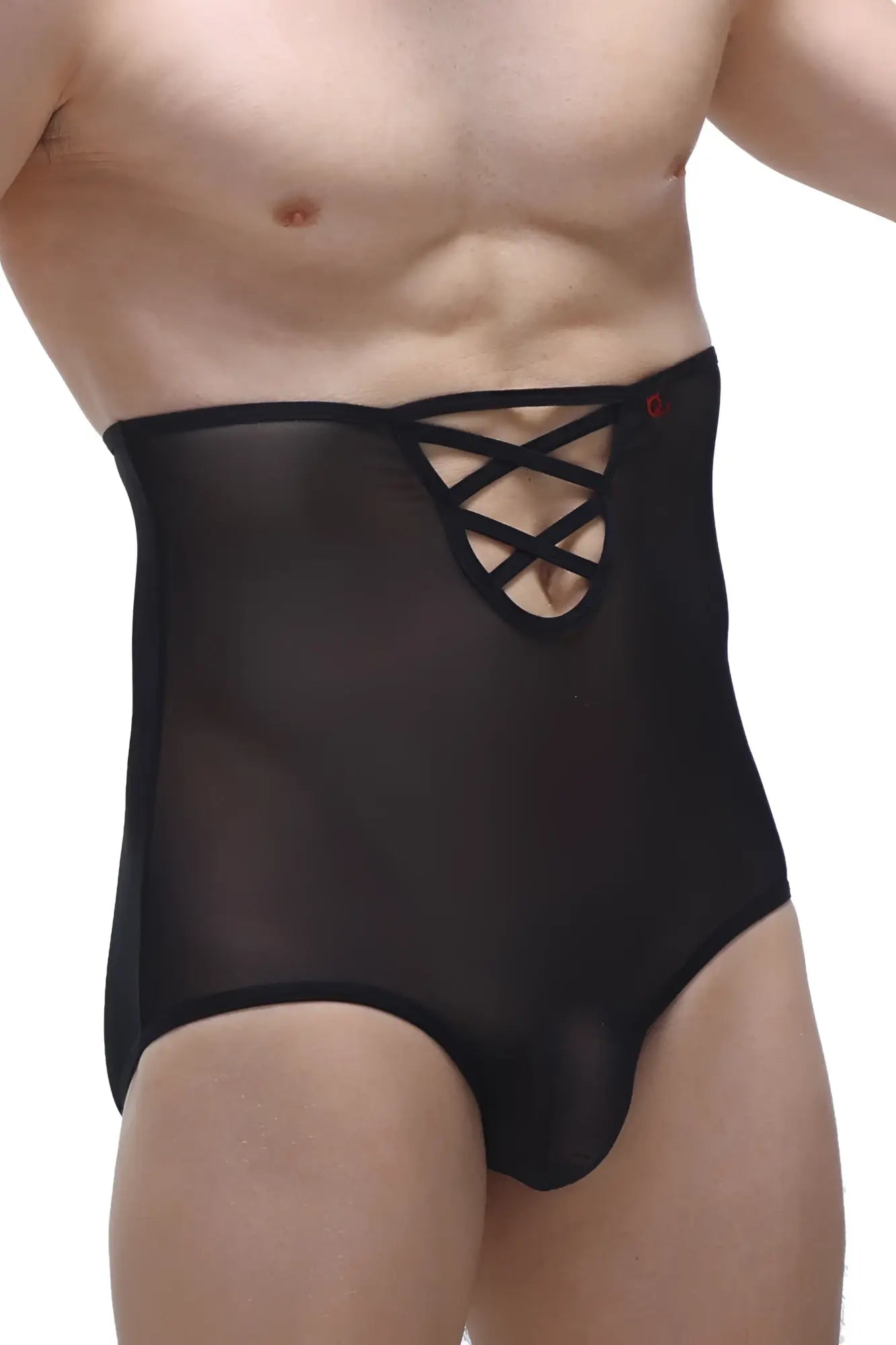 Black sheer lace-up high-waisted men’s underwear brief gaine net black with smooth form-fitting lace design