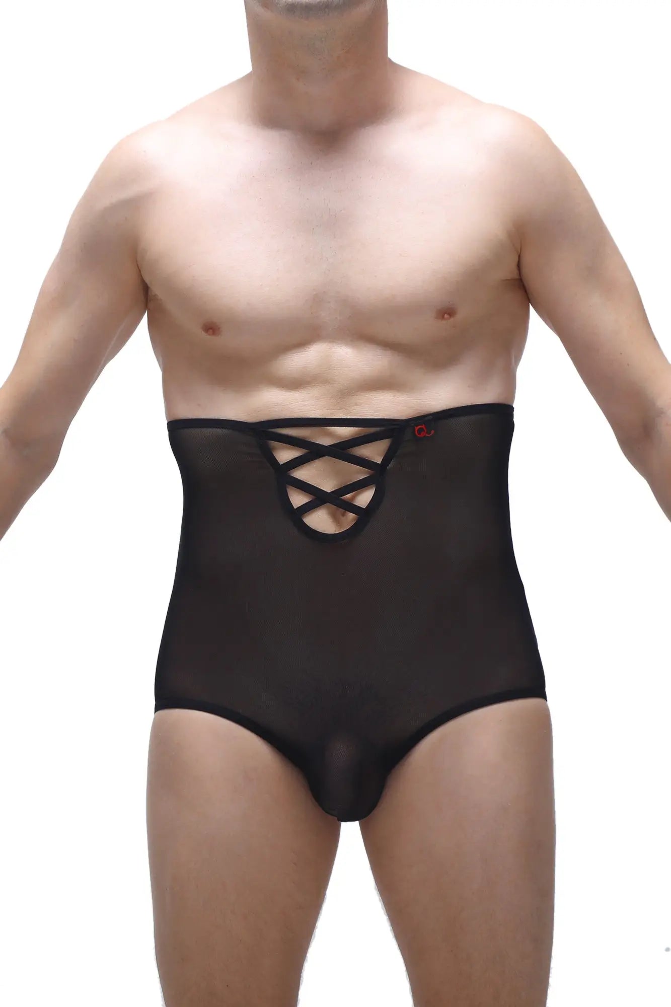 Black sheer mesh high-waisted brief gaine net underwear with lace-up front design
