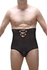 Black sheer mesh high-waisted brief gaine net underwear with lace-up front design
