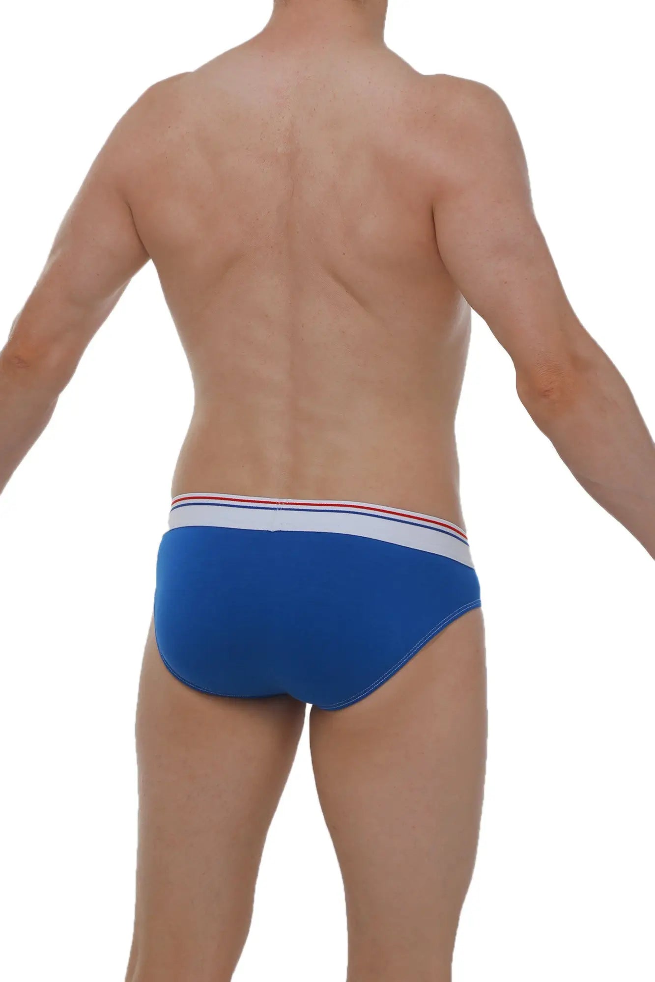 Blue briefs with a white waistband and red and blue stripes made from modal fabric in the brief hang modal blue style