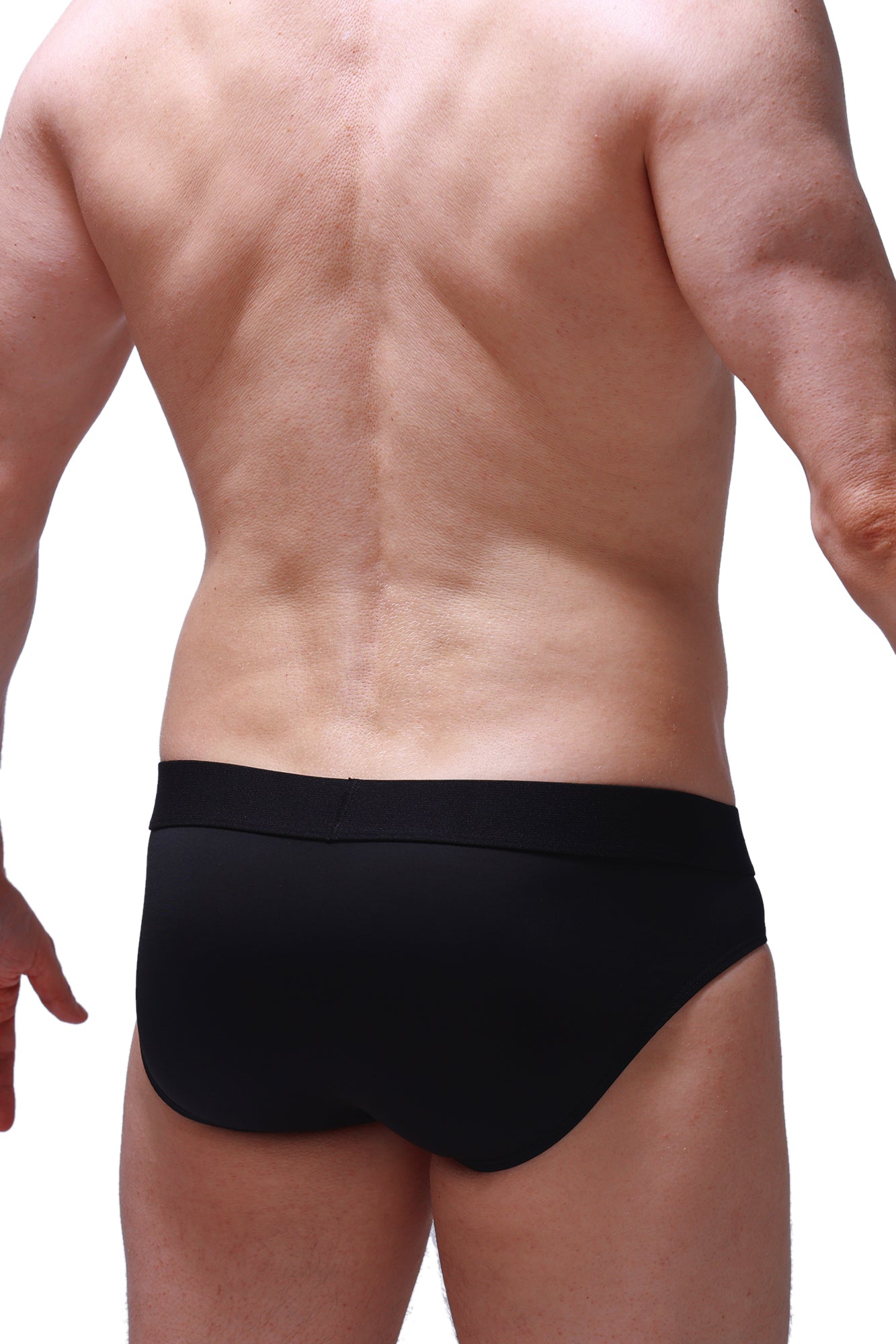 PetitQ brief hang black mens briefs in smooth form-fitting fabric with a snug waistband visible from front view