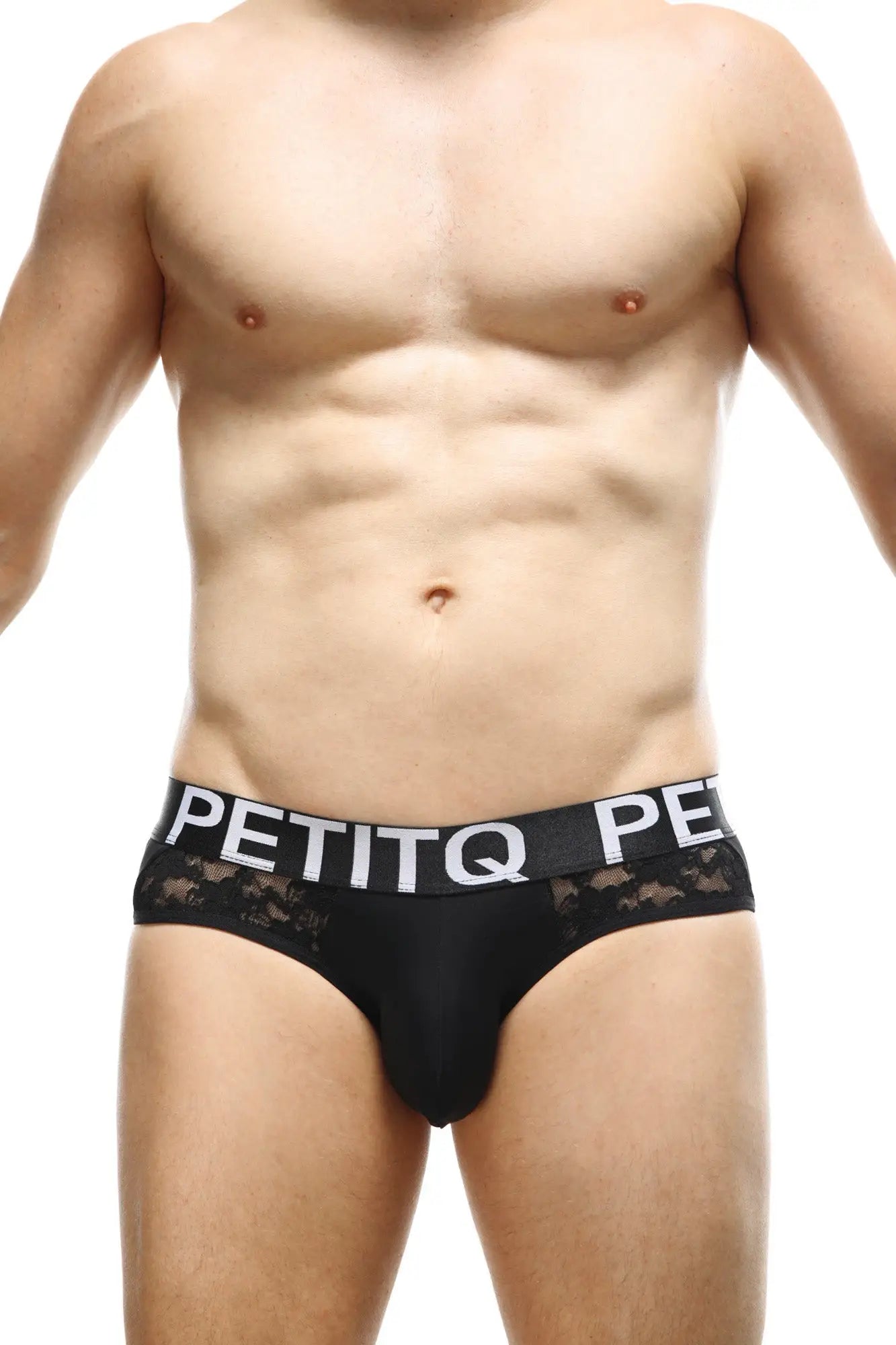 Black lace-trimmed men’s briefs with white petitq logo band in brief herm lace black design