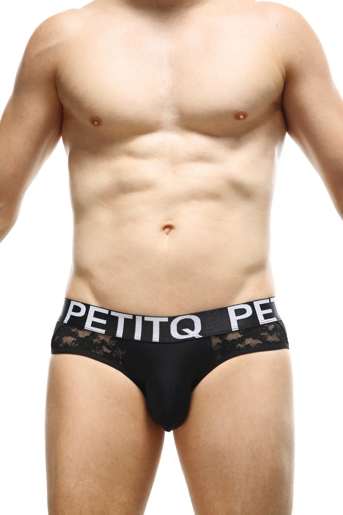 Black lace-trimmed men’s briefs with white petitq logo band in brief herm lace black design