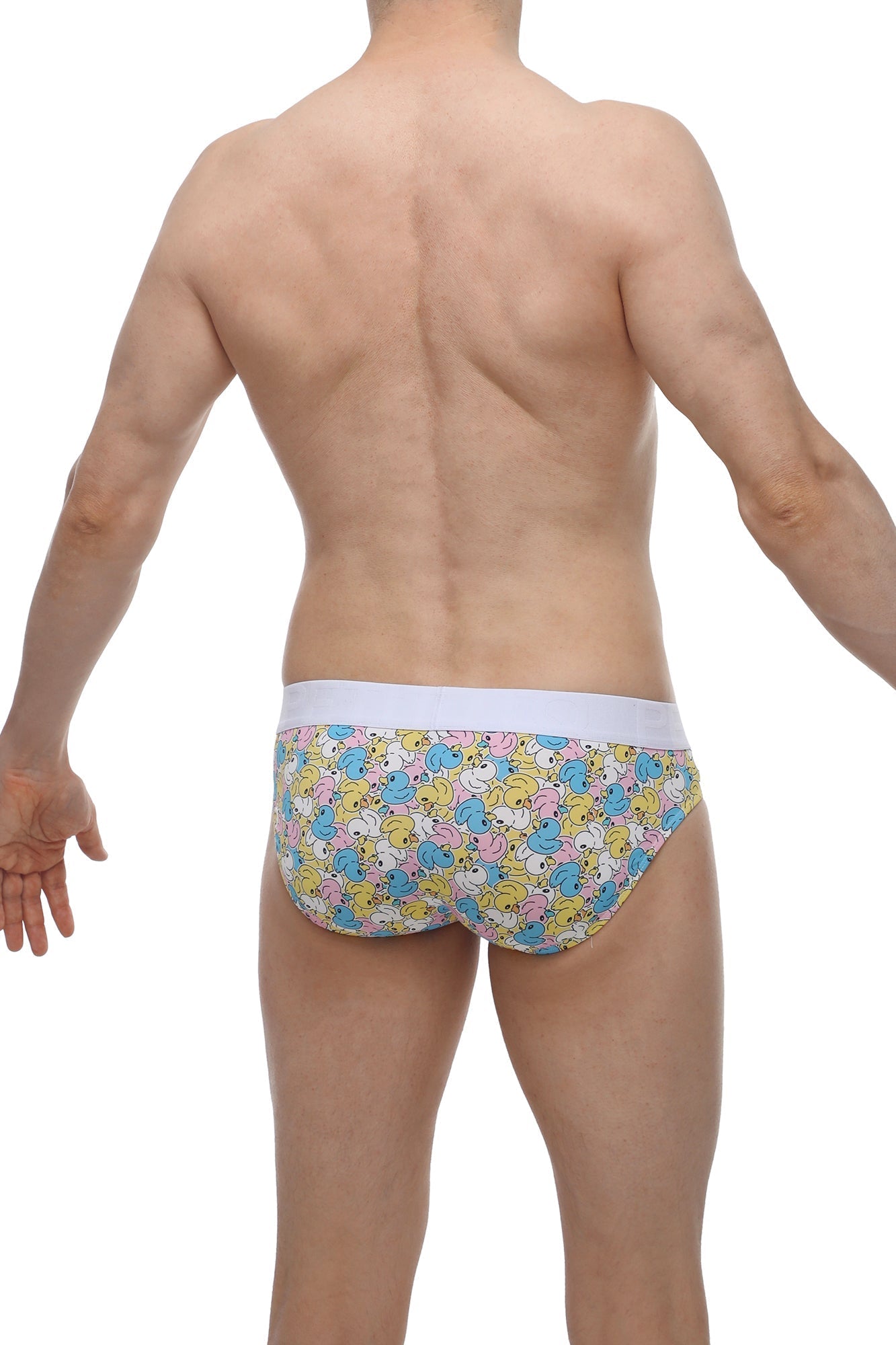 Pastel-colored petitq brief linay duckies with cartoon duck pattern in blue pink and yellow on light fabric with white waistband