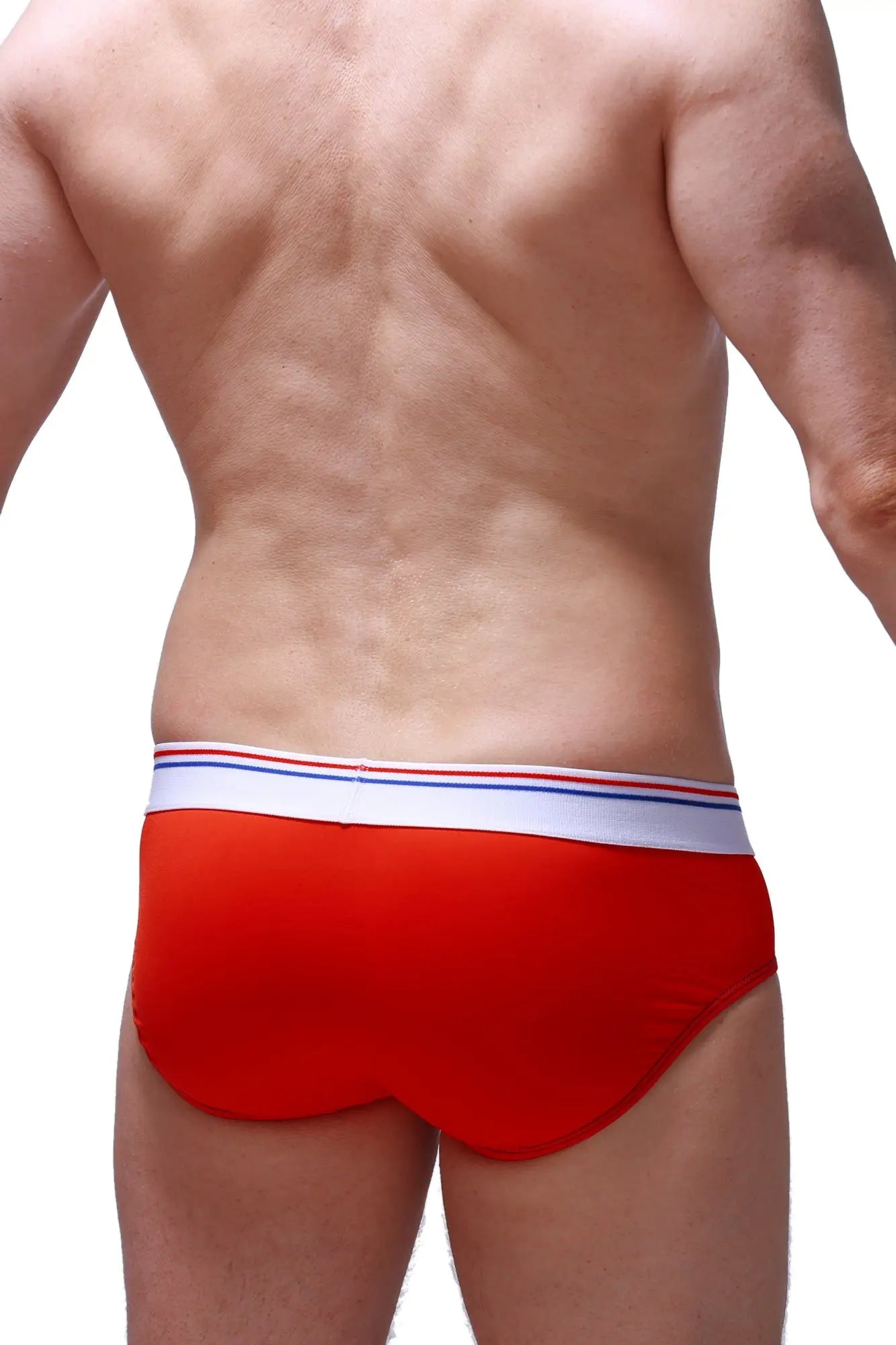 Red briefs lordat with a white waistband featuring thin red and blue stripes in comfortable fabric