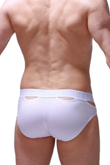 White men’s modal briefs malans with a sleek form-fitting design and subtle side cutouts in white color