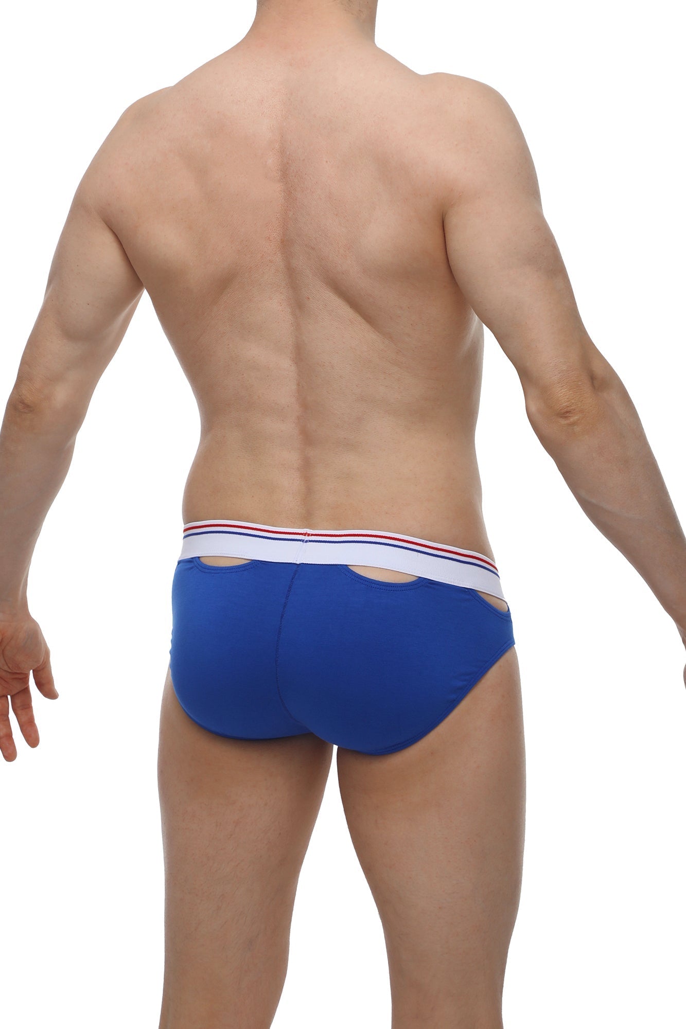 Blue men’s briefs with a white waistband featuring red and blue stripes from brief malans blue collection