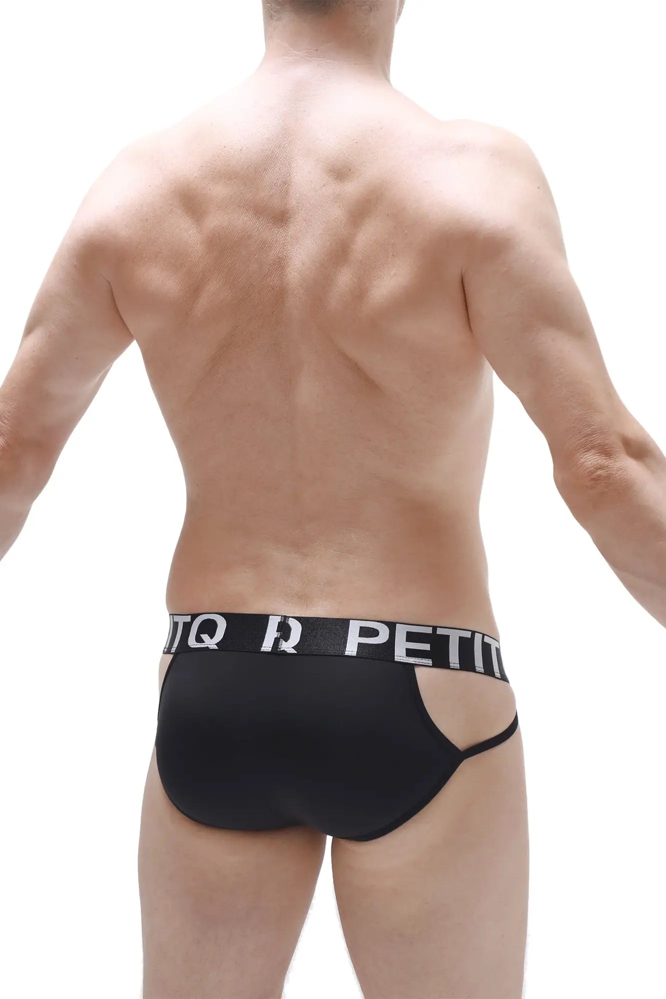 Brief mano black men’s briefs in black with a white elastic logo band featuring tq r petit branding
