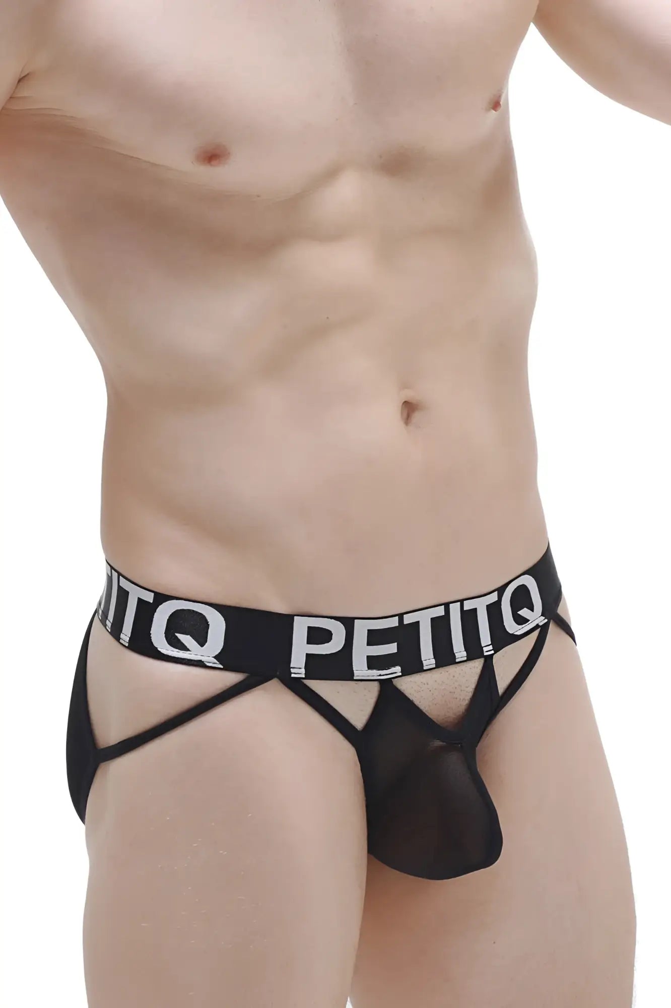 Black petitq brief mano net men’s underwear with sheer mesh front and bold white lettering on the waistband