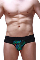Brief maray tropical black briefs with vibrant green blue and orange tropical leaf pattern for everyday wear