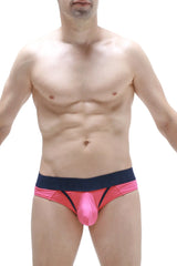 Brief matraux fuchsia bright pink shiny satin men’s briefs with navy blue waistband and black trim