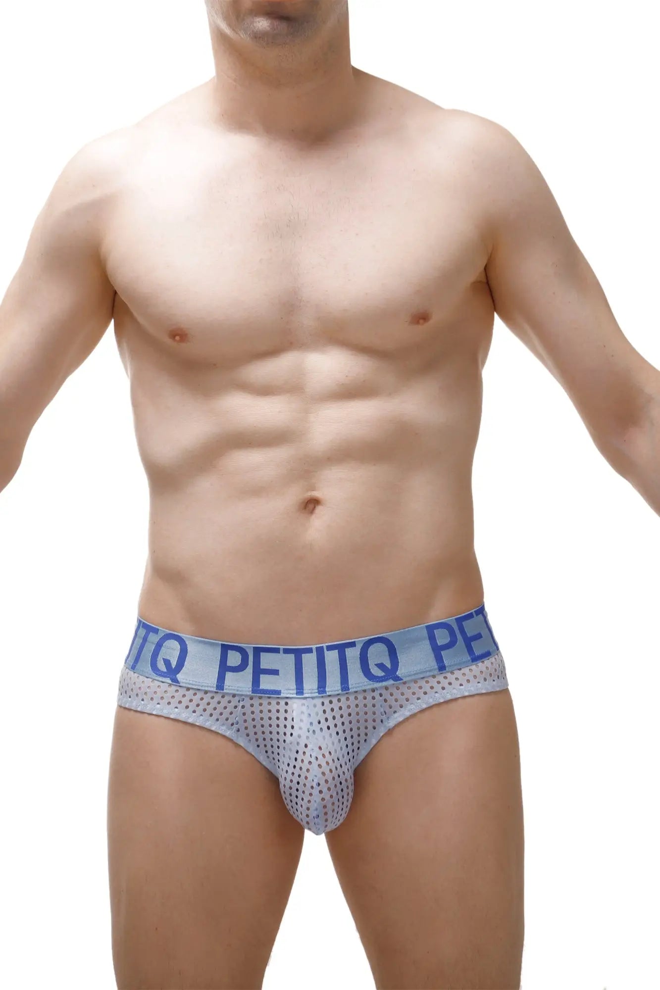 Brief mega bulge durtol sky blue light blue mesh briefs with elastic waistband and bold dark blue petitq logo