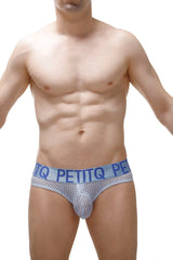 Brief mega bulge durtol sky blue light blue mesh briefs with elastic waistband and bold dark blue petitq logo
