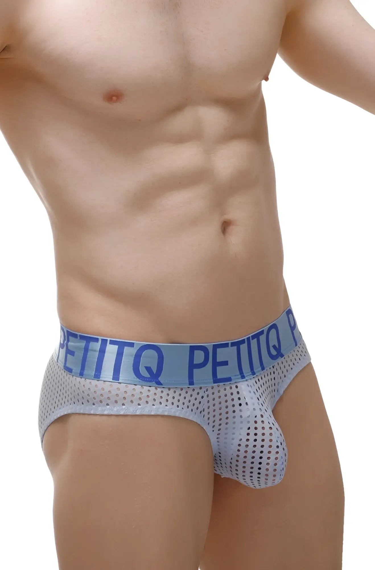 Brief mega bulge durtol sky blue light blue mesh petitq men’s briefs with solid blue waistband and white brand name