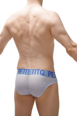 White mesh briefs with a blue elastic waistband featuring petitetiq branding from the brief mega bulge durtol sky blue line