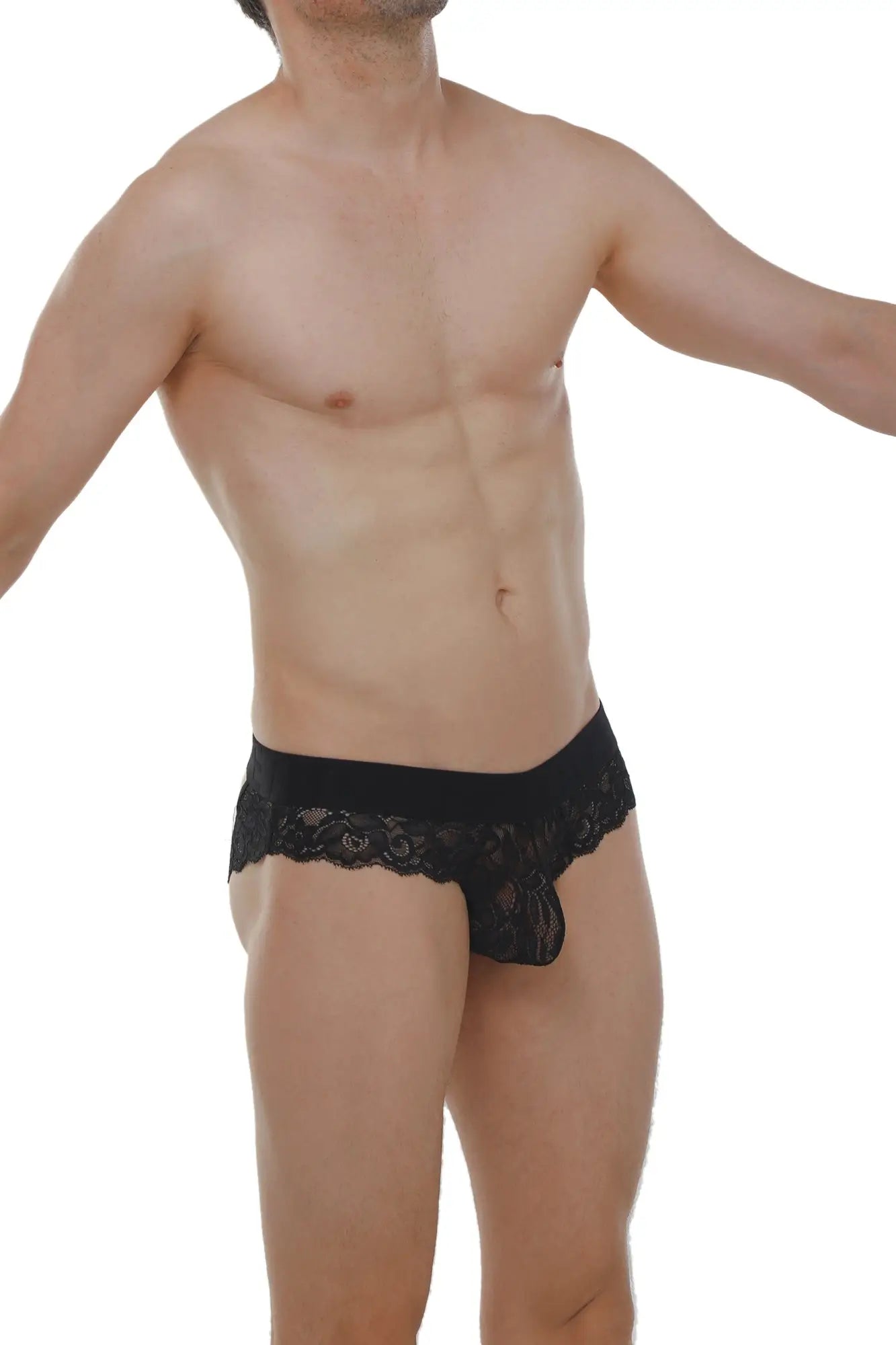 Brief miers lace black men’s briefs with black lace trim and sheer patterned front panel in lace material