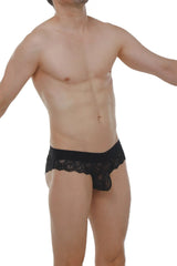 Brief miers lace black men’s briefs with black lace trim and sheer patterned front panel in lace material