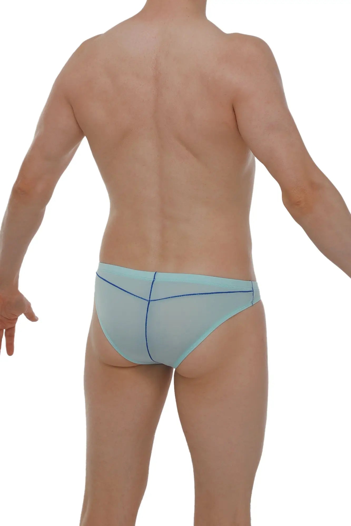 Light blue sheer mesh briefs with thin navy blue stitching along seams from brief mison plum sky blue collection