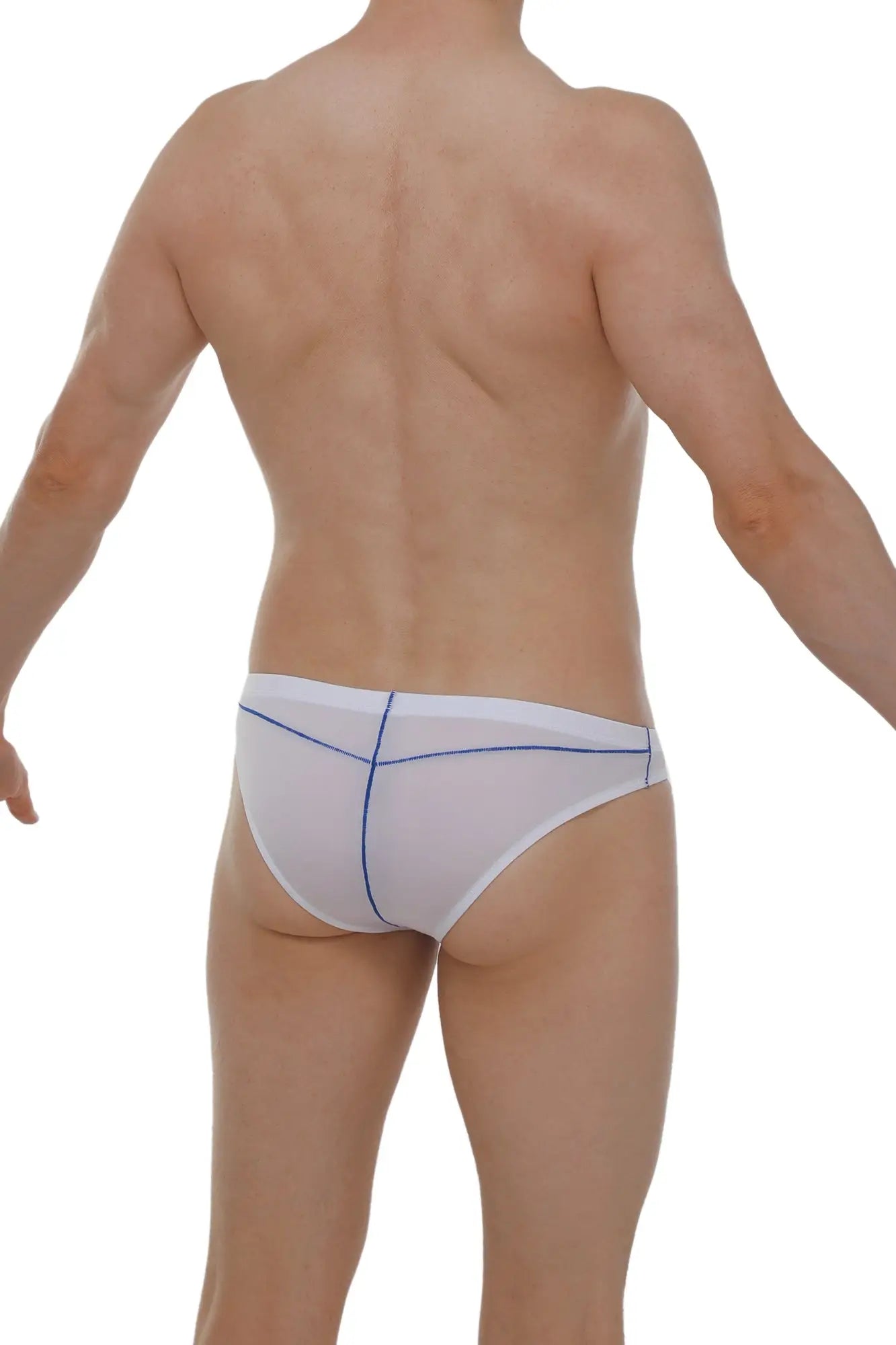 White mesh briefs with blue stitching details featuring breathable fabric in brief mison plum white design