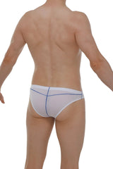 White mesh briefs with blue stitching details featuring breathable fabric in brief mison plum white design