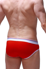 Red briefs with a white waistband featuring thin red and blue stripes from petitq brief montjoi modal red collection