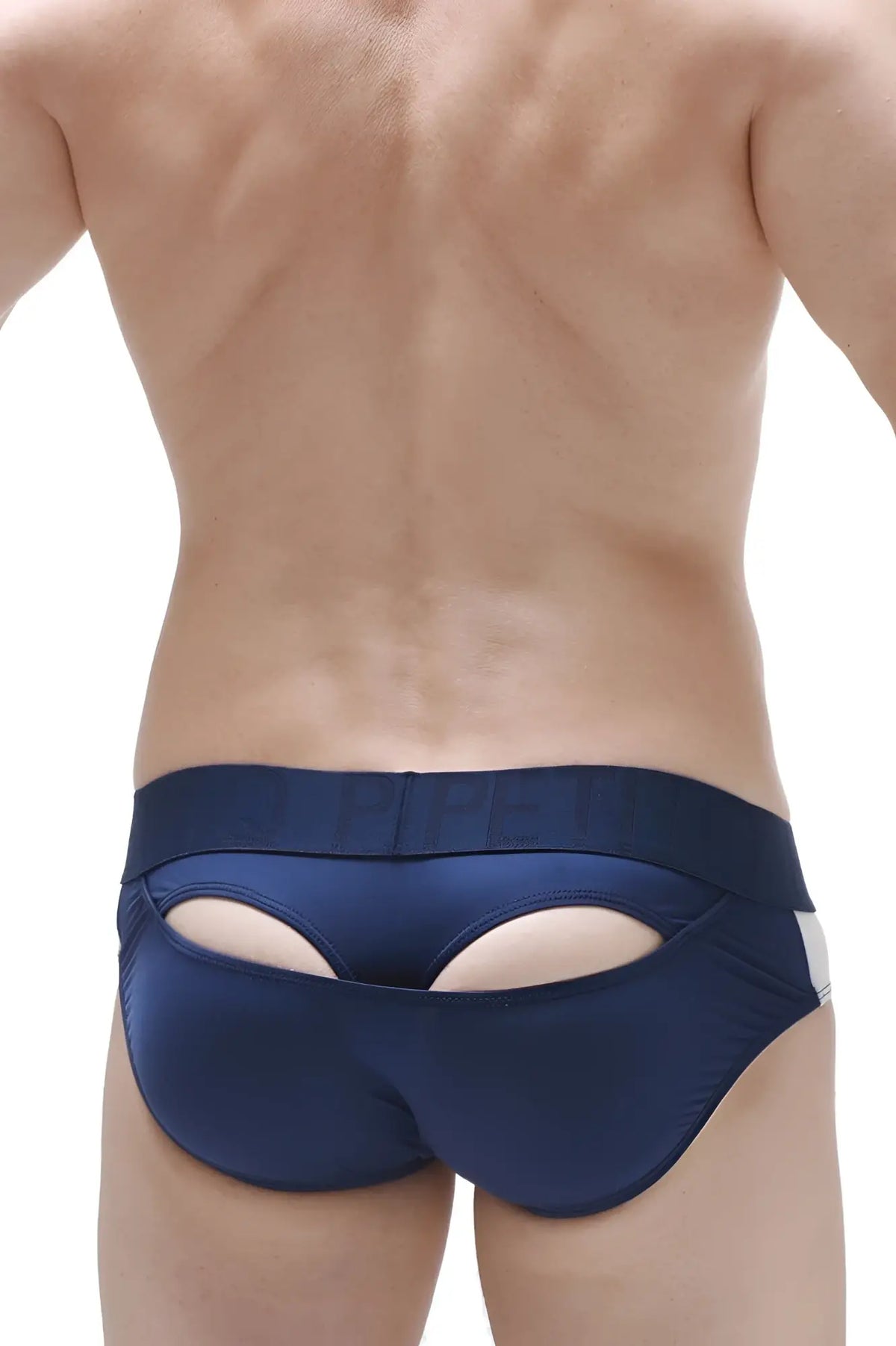Navy blue satin briefs with distinctive cutout design and white trim on the side in Brief Moonshine Plum Navy style