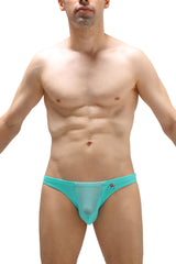Brief myennnes joe green turquoise sheer mesh briefs with solid fabric waistband front view