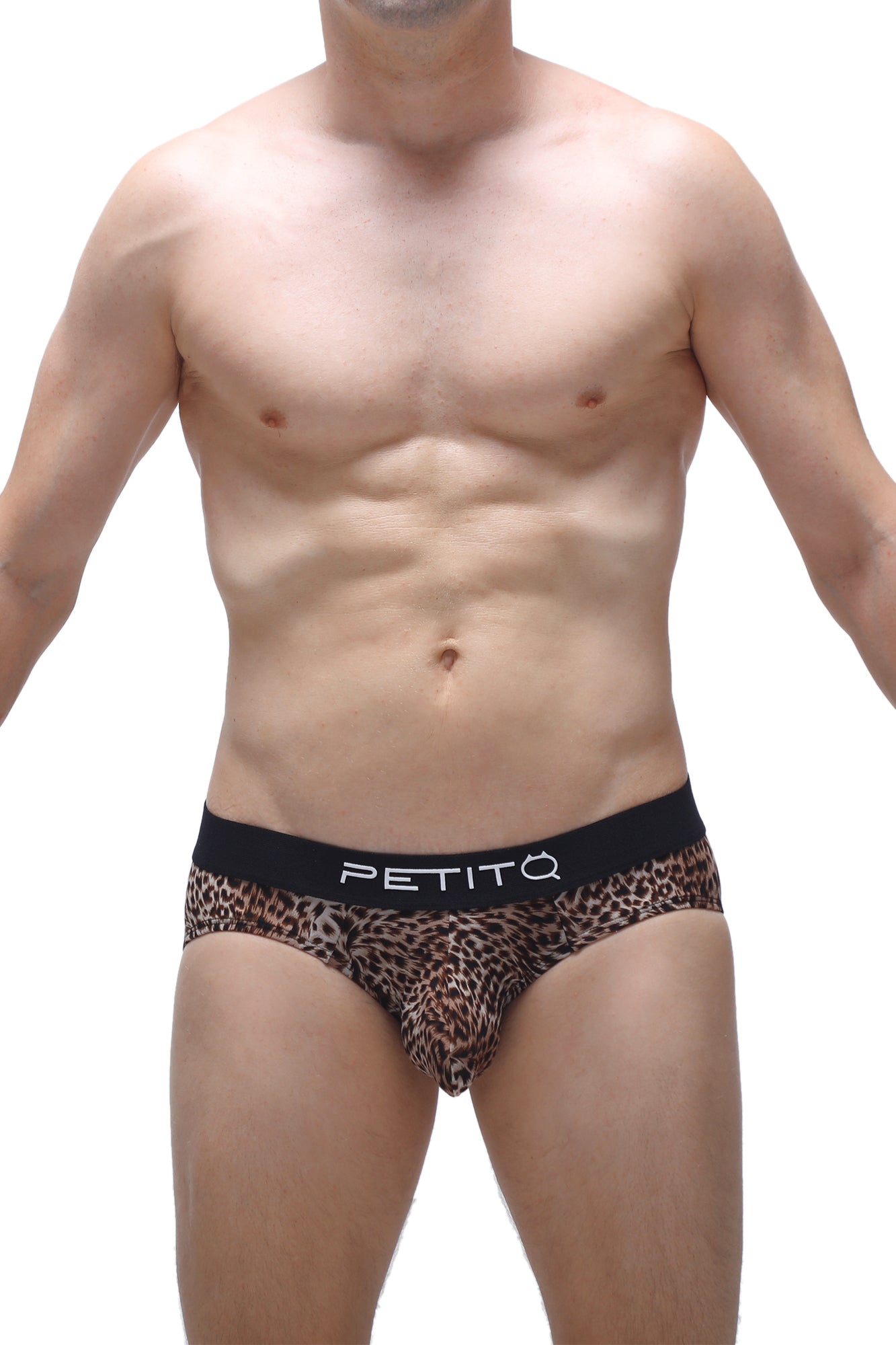 Leopard-print men’s briefs with black petitq waistband in white lettering from the petitq brief dome panthere line