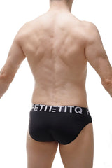 Black men’s briefs with a white petitetiq logo band made from econyl material in black color