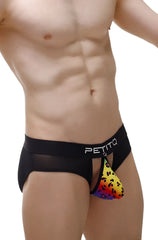 Black petitq men’s briefs with a rainbow-gradient leopard print pouch in the brief nouans leopard rainbow design