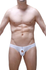 White men’s briefs with central cutout and blue stitching details in Brief Open Miarel White design