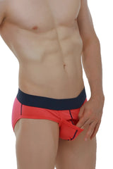 Bright coral-red modal briefs with navy blue waistband and black stitching from brief paliz modal fuchsia collection
