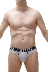 Gray petitq briefs with black elastic waistband and white branding made from bamboo fabric with pad for comfort