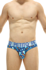 Blue petitq men’s briefs with playful hearts rainbows pattern and brand name on elastic waistband pride collection