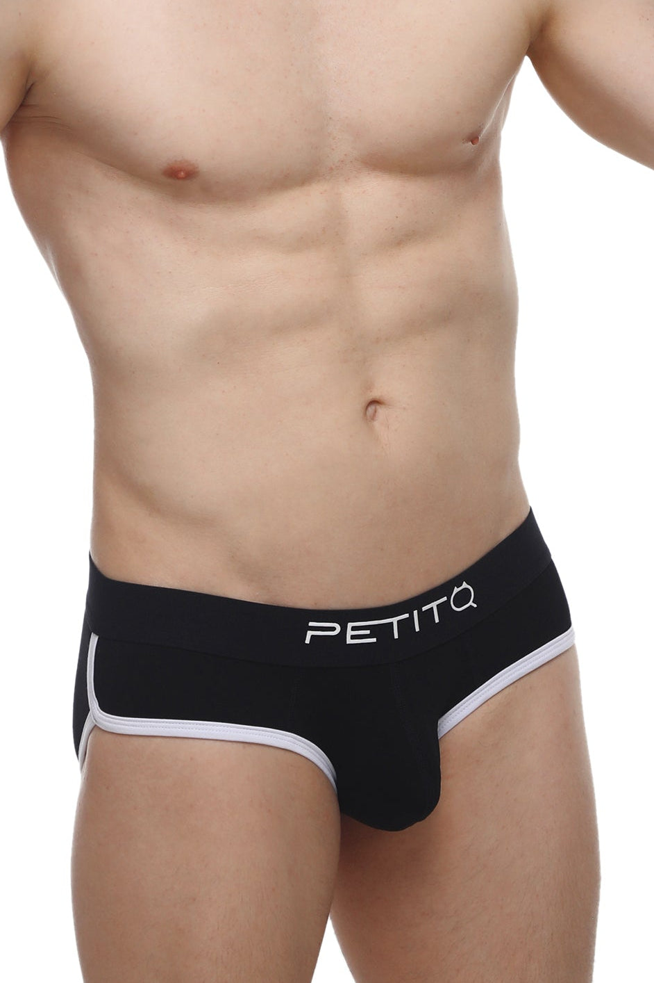 Black petitq brief in retro modal fabric with white trim featuring a sleek modern design