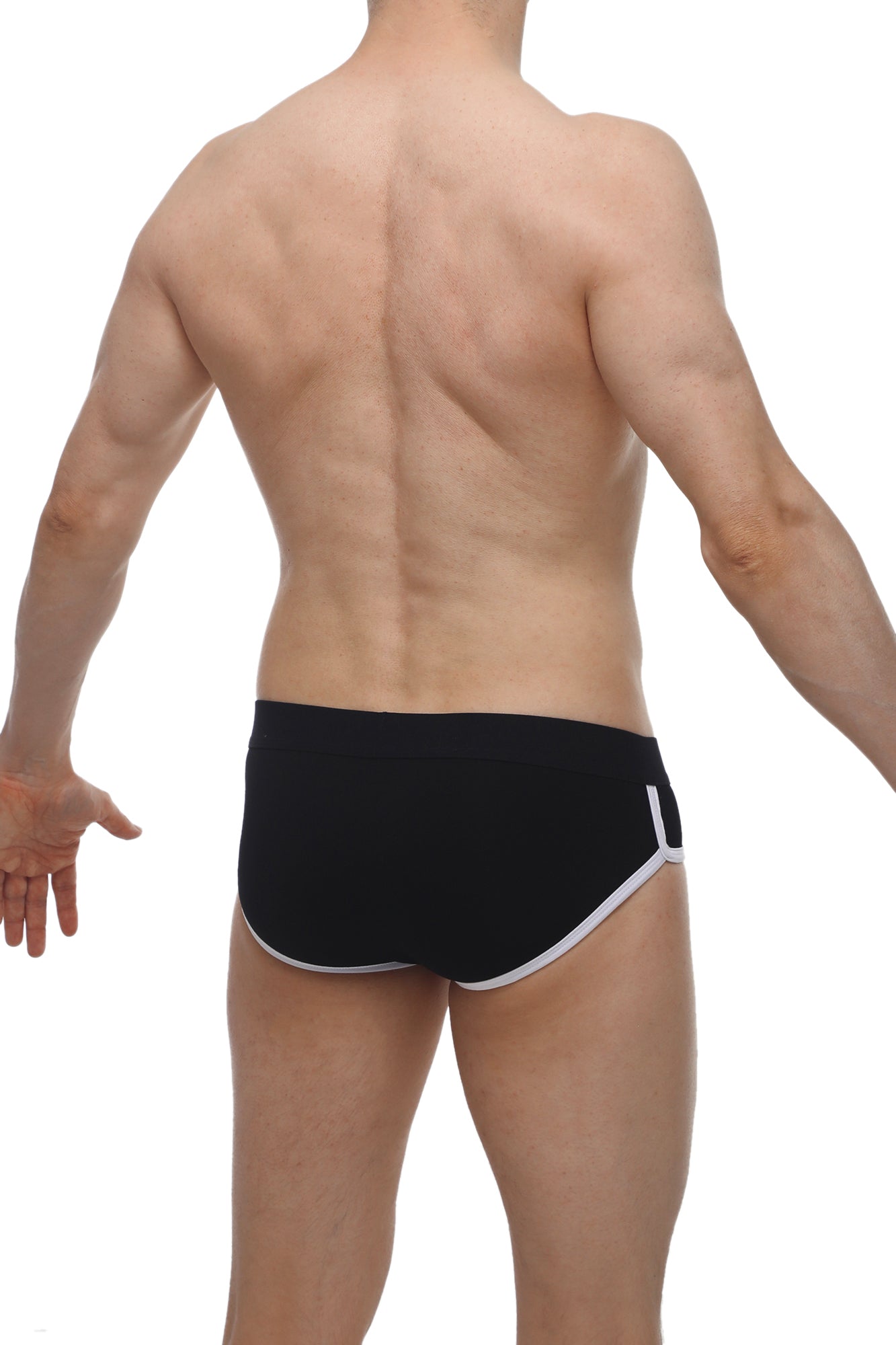 PetitQ brief retro modal black swim trunks with white trim on waistband and leg openings in black modal fabric