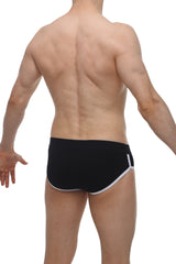 PetitQ brief retro modal black swim trunks with white trim on waistband and leg openings in black modal fabric