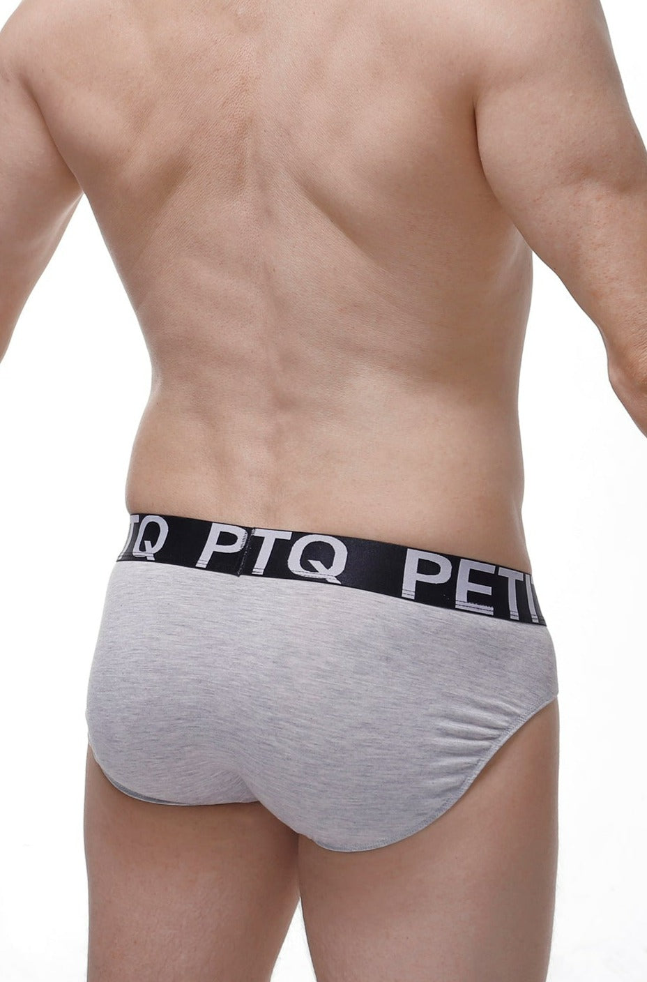 Gray heathered bamboo briefs with black elastic waistband featuring ptq logo in white lettering and built-in pad
