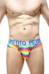 Rainbow-striped men’s briefs with light blue petitq waistband in the petiq brief protruder andiol design