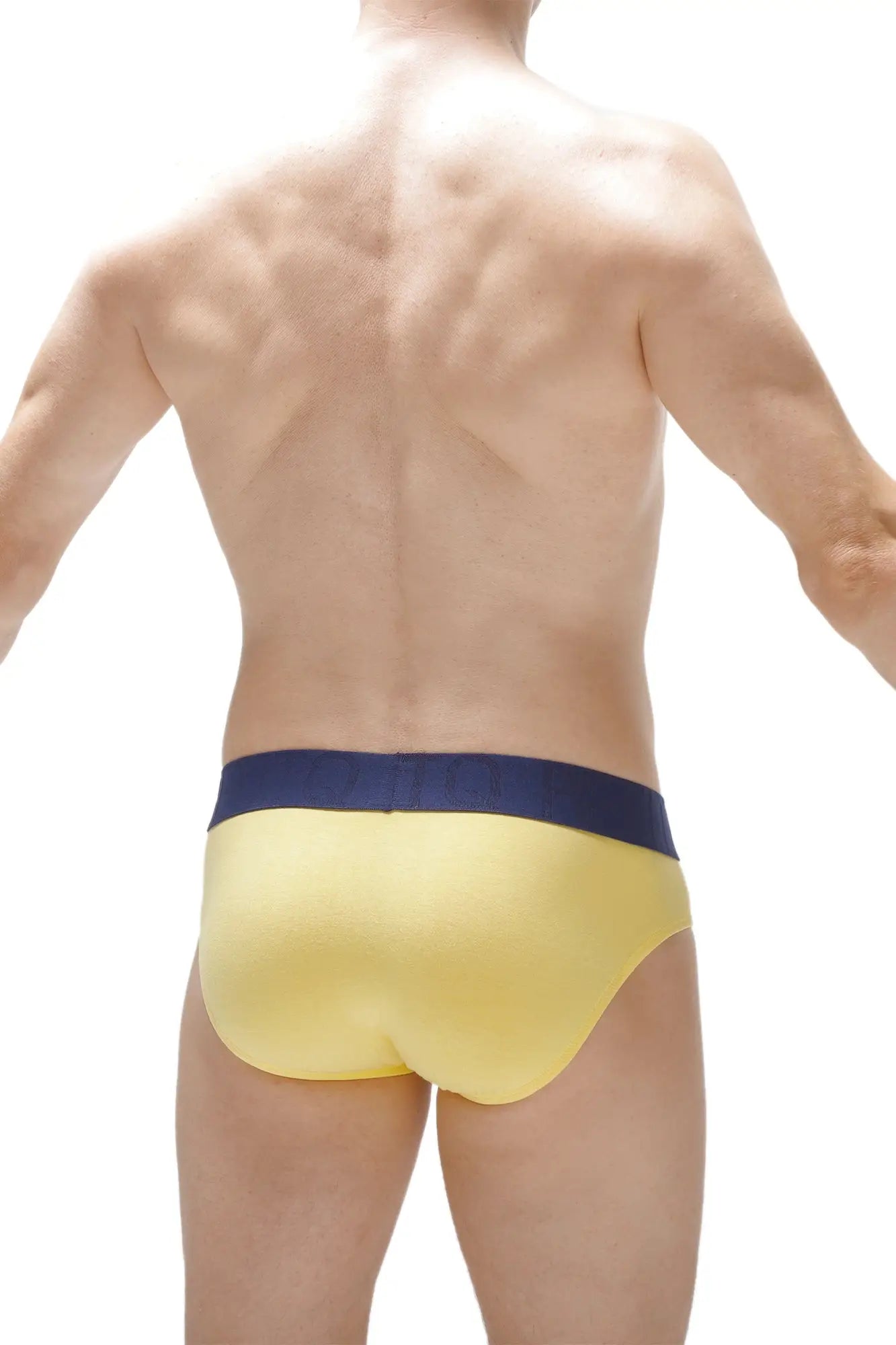 Yellow briefs with navy blue waistband made from bamboo fabric for comfort and durability