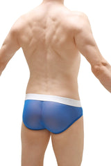Blue translucent briefs with a white waistband featuring detachable net in cobalt for comfortable support