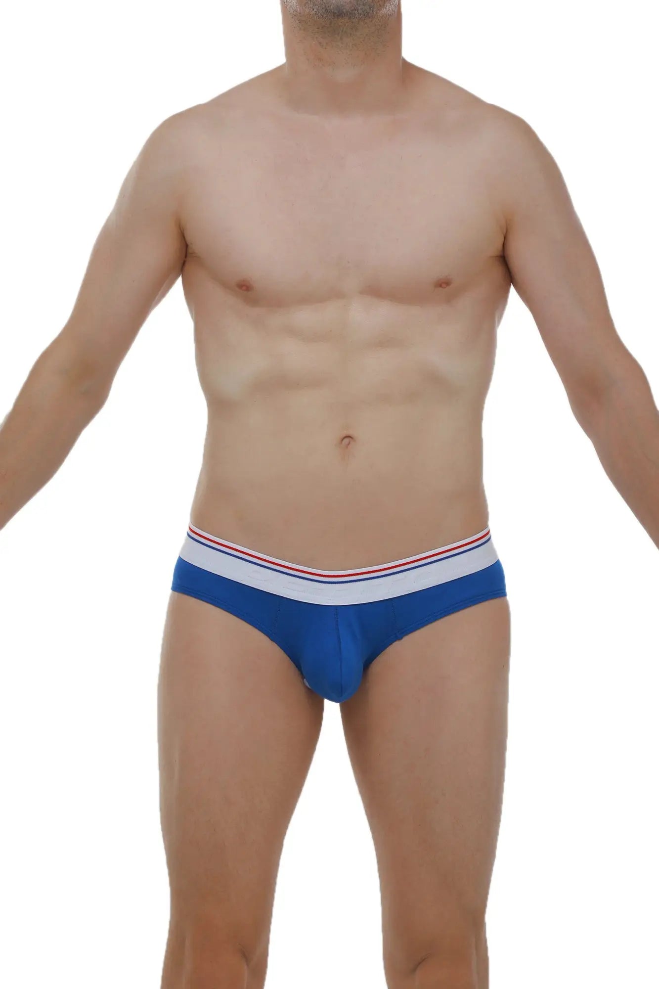 Blue men’s briefs with a white waistband featuring thin red and blue stripes made of soft modal fabric