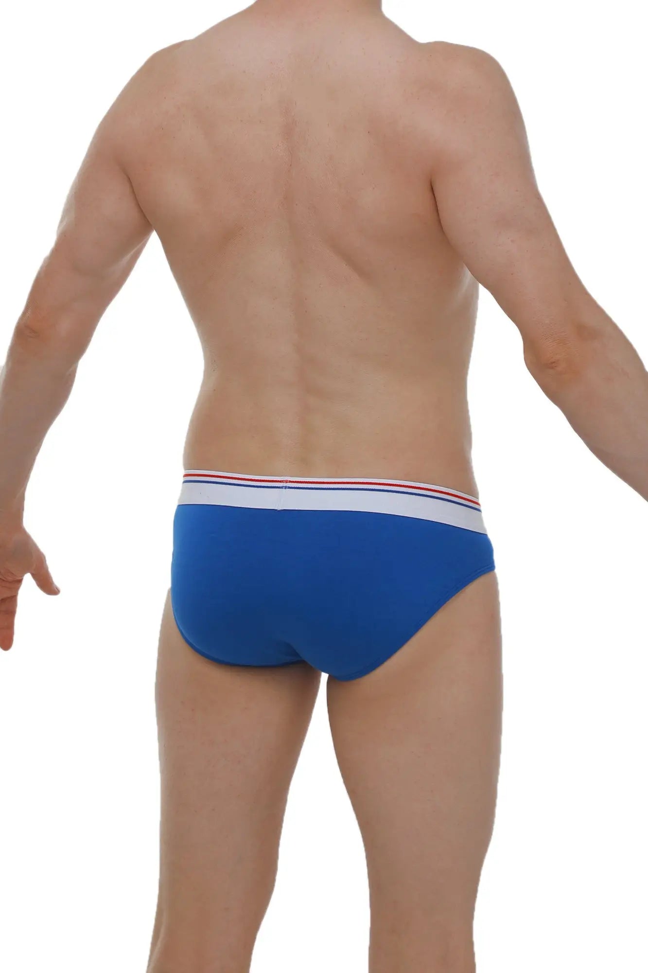 Blue briefs with a white waistband and thin red and blue stripes made from modal fabric in brief protruder modal blue style