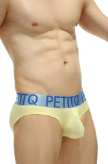 Yellow petitq men’s briefs in modal fabric with a light blue waistband featuring bold brand lettering