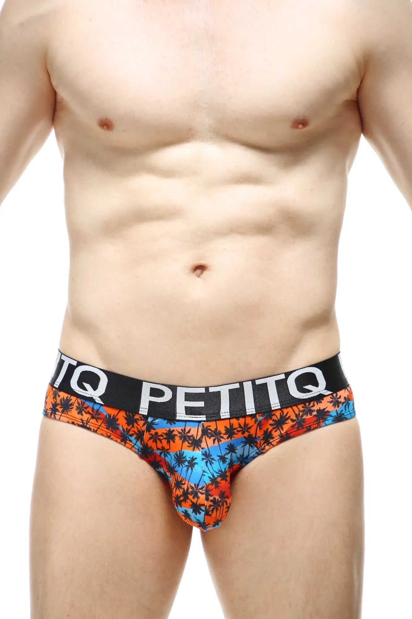 Brief protruder temae men’s briefs with orange and blue tropical palm pattern and black waistband with petitq branding